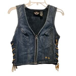 Womens Harley Davidson Denim Vest Laced Sides Sz M Y2K Bikercore Biker Moto